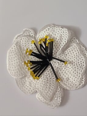 3D Hibiscus Beaded Applique Sew On Patch Tropical Flower Sequins White Yellow